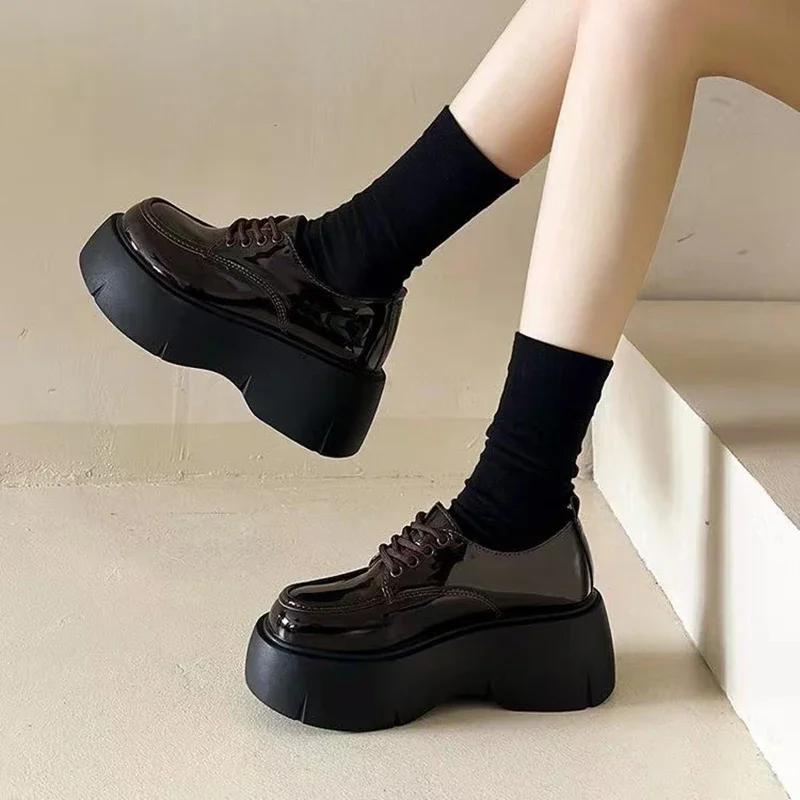 Fashion Shoes Female British Style Thick-Soled College Style Casual Loafers Pu Leather Fashion Girls Shoe Platform Lace Up Ladies Shoes