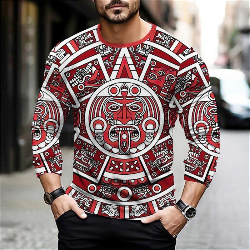 Spring And Autumn Long Sleeve Aztec Graphic Printed T-Shirts Men Street Casual Tops Female Loose Pullover Oversized Clothing Outdoor T Shirts