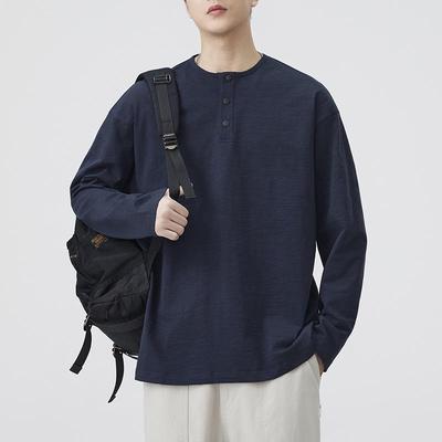Autumn 2025 Men's Bamboo Cotton Henley T-Shirt - Retro Long Sleeve