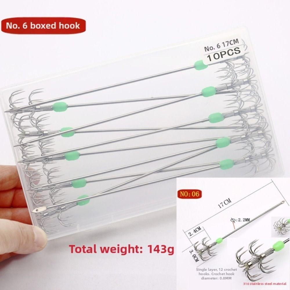 10pcs/ Box Stainless Steel Squid Hooks Blow Tube Design Umbrella Hooks Saltwater Fishing