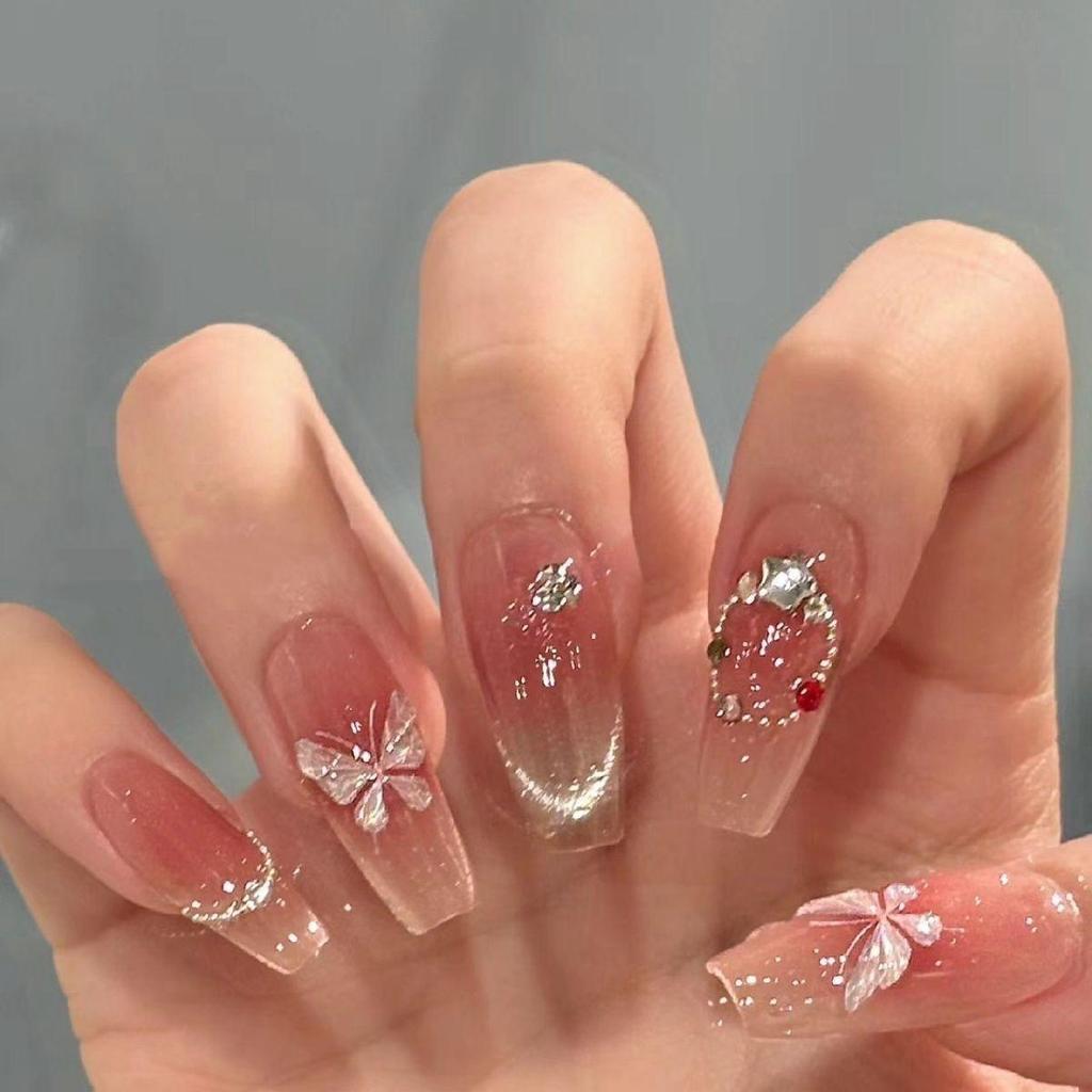Blush French Cat Eye Princess Bow Nails - Handmade Wearable Nail Art