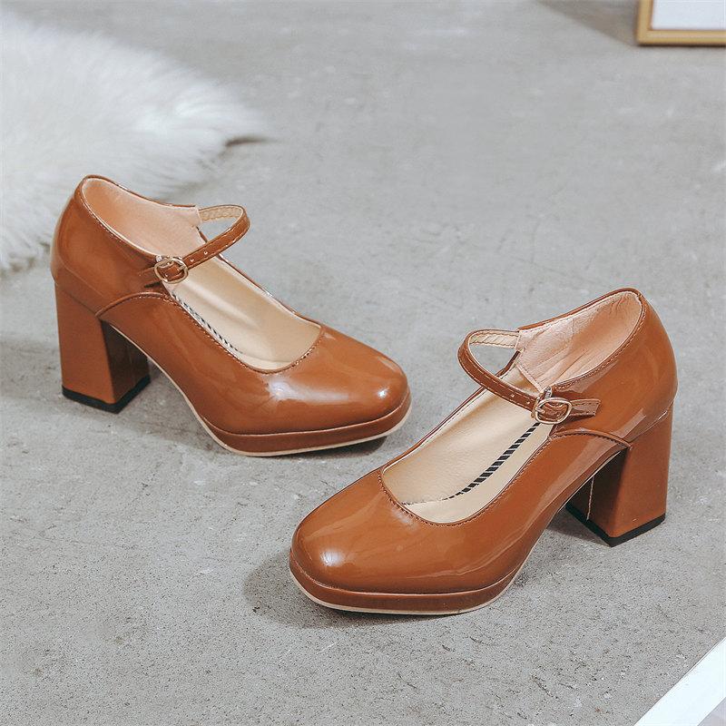 Fashion French Round Toe Mary Jane High Heels Women's Elegant Single Shoes 2024 Female Retro Wine Red Shallow Mouth Thick Heel Pumps