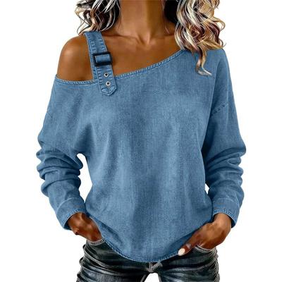 Denim Hombros Descubiertos Manga Larga Oversize Casual Sueltos Tops Mujer Primavera Otoño Camiseta