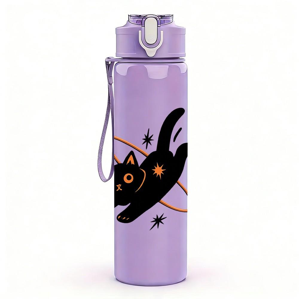 1PC Black Cat Planet Star Pattern 750ml Color Plastic Sports Water Bottle Leakproof Flip Straw Lid Suitable for Sports Office Home Use