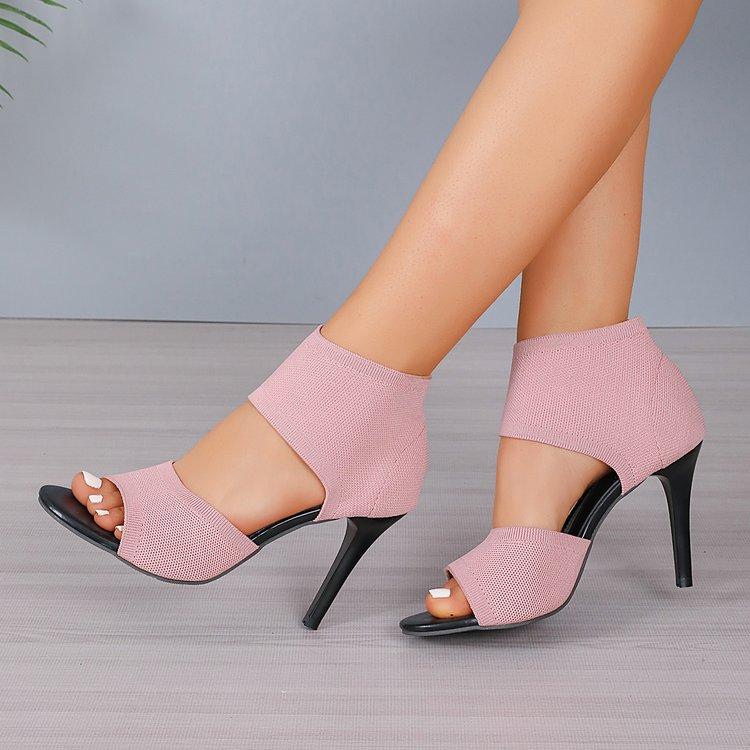 Large size high-heeled suede fly-woven fish mouth sandals summer new fashion European and American style hollow women's shoes