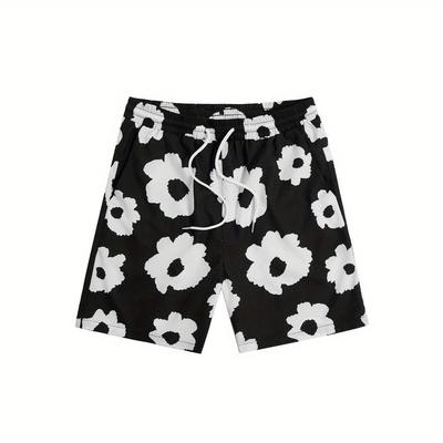 Herren Shorts mit floralem Grafikdruck und Kordelzug, Sommer-Freizeithorts mit Taschen, Hawaiianische Strandshorts