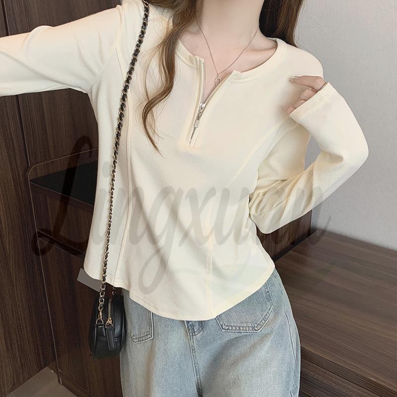2026 Spring Plus Size Women s Korean-Style Half-Zip Slimming Long-Sleeve Top XL Plus Size