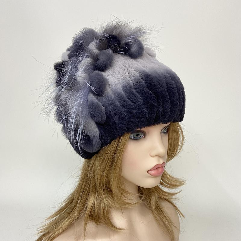 New Luxury Women Fur Hat For Winter Handmade Natural Rex Rabbit Fox Fur Cap Fluffy Female Fur Headgear Brand Warm Beanies Cap