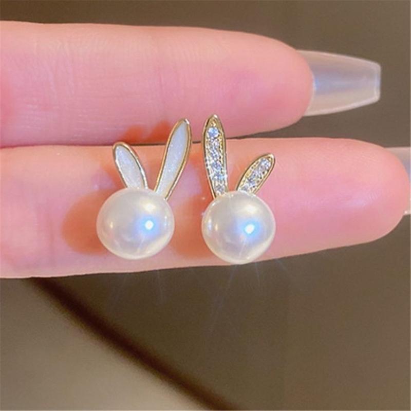 Delicate Floral Rabbit Ears Studs With Imitation Pearls Trendy Easter Jewelry For Women Fashionable Holiday Gift