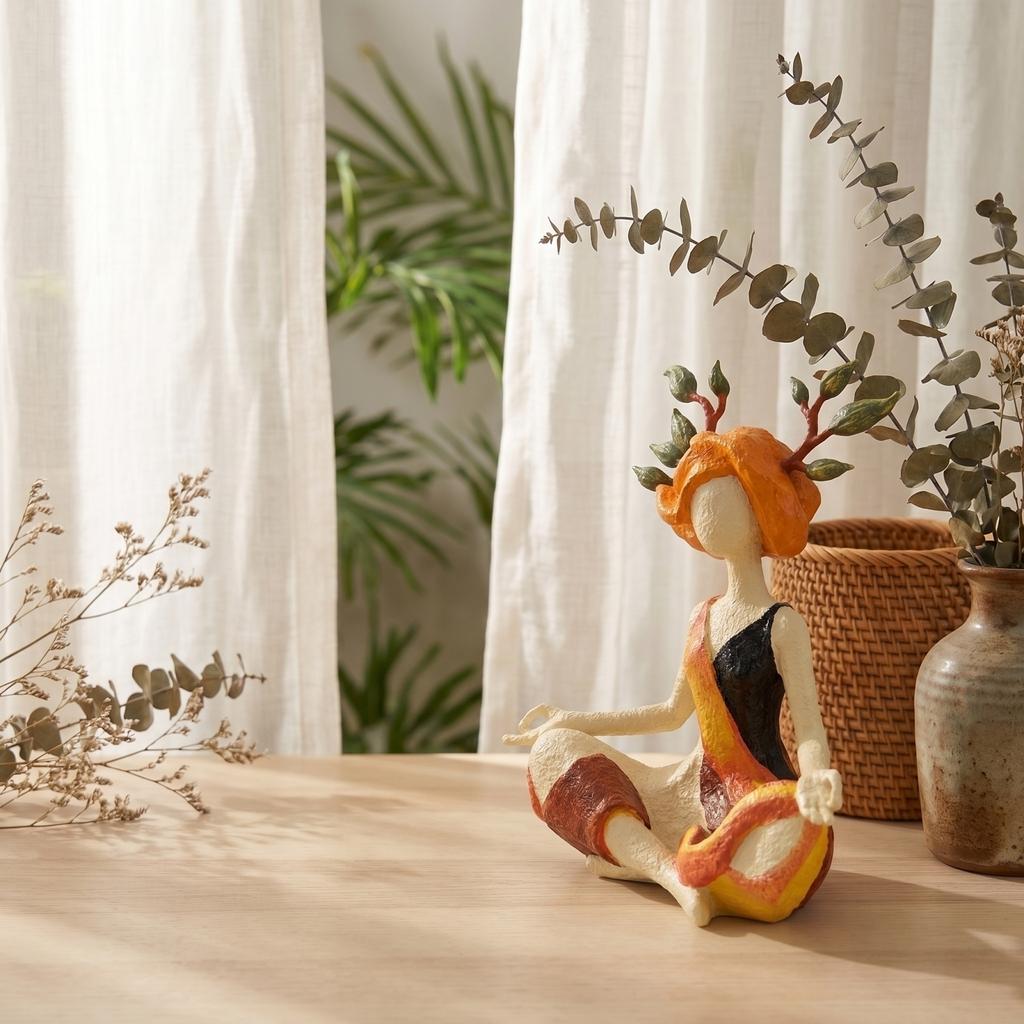 Resin Yoga Girl Figurine Decorative Statue Sitting Meditative Pose with Leaf Branch Hair Design for Home Office Desk Ornament