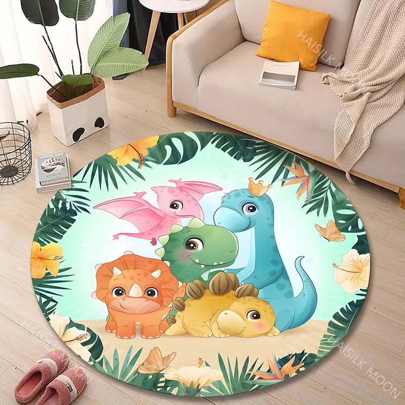 Multiple Sizes Cartoon Dinosaurs with Forest Background Print Round Carpet Living Room Bedroom Table Chair Sofa Decor Carpet