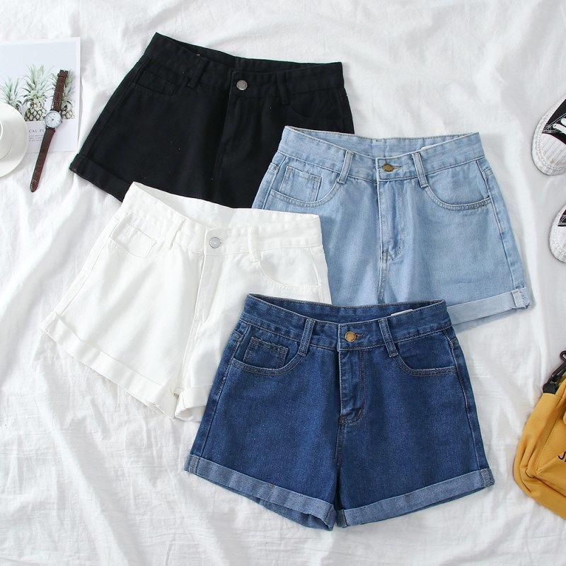 Women's High Waist A-Line Denim Shorts - Korean Style Summer 2025, Loose Fit, Slimming, Wide Leg, Rolled Hem.
