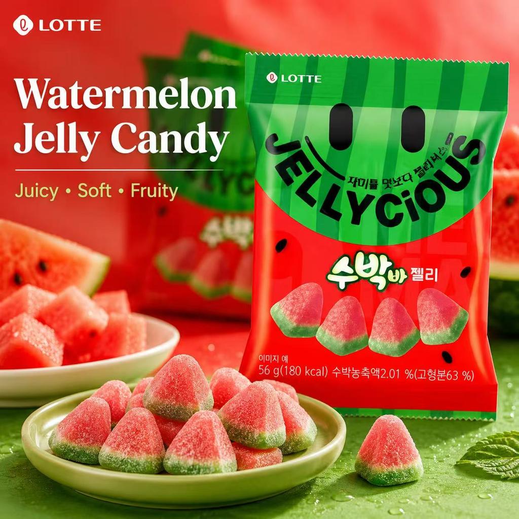 Lotte Wassermelonen-Weichbonbons 56g | Süßer saftiger Geschmack, Elastische kaubare Textur, Praktische kleine Packung