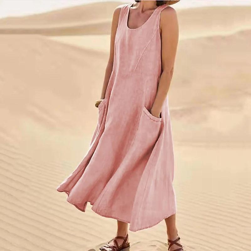Summer Pocket Sleeveless Round Neck Women's Cotton and Linen Dress Lady Loose Solid Color Pullover Big Swing Dress
