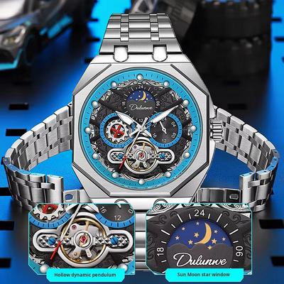 Tourbillon Vydlabané Silně Luminiscenční Měsíční Fáze Mechanické Hodinky pro Muže, Plně Automatické Obchodní Hodinky, Sváteční Dárek, Hodinky z Nerezové Oceli