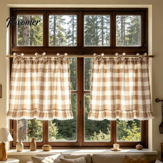 Window Valance with Lace Trim Buffalo Check Valance, Ruffled Curtain And Bows, Small Valances Light Filtering Rod Pocket for Kitchen Living