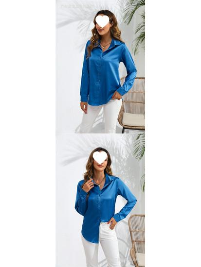 European & American Women's Long Sleeve Satin-Cotton Shirt - Solid Color, Spring & Autumn Bestseller