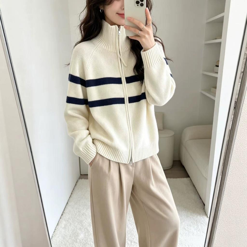 Contrasting striped zipper turtleneck sweater cardigan women's autumn and winter new design sense loose and thin versatile outerwear top