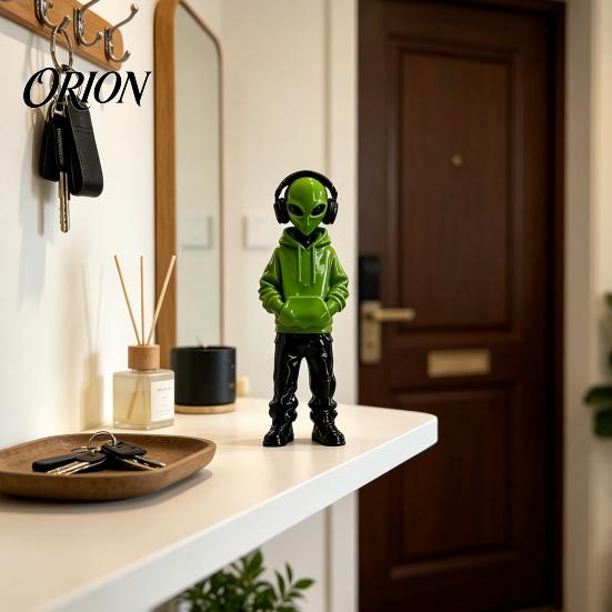 Home Office Desk Accent 3D Printed Alien Figurine with Hoodie And Headphone, Trendy Desktop Decor Ornament, Cyber Style Statue for Gaming Room