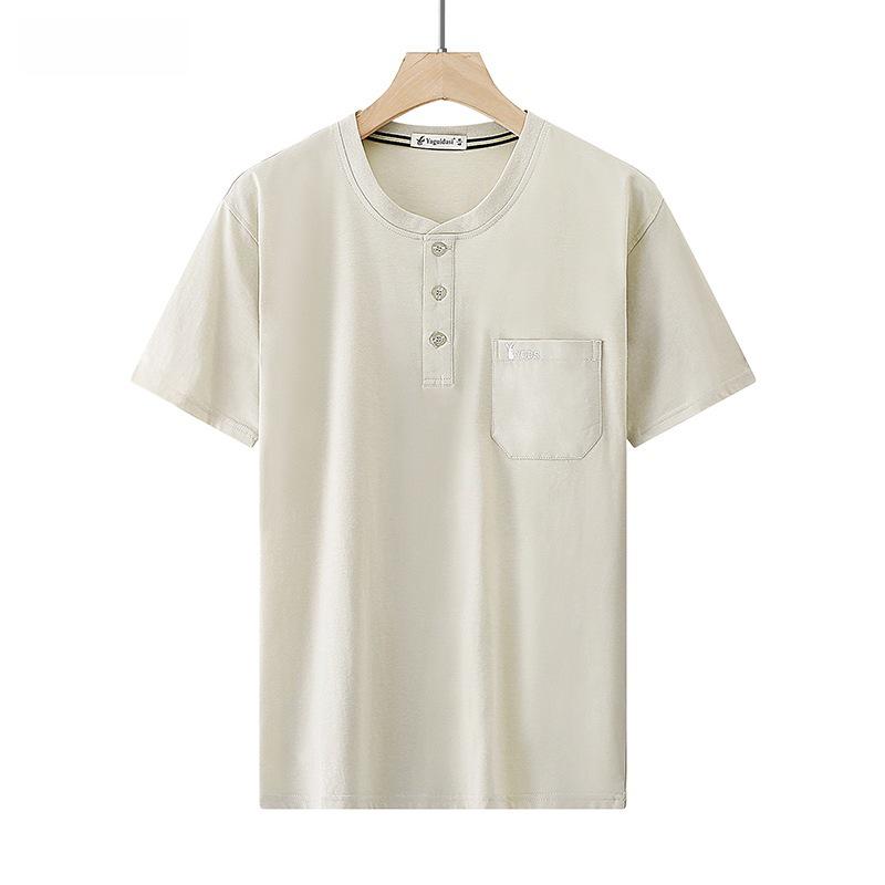 Dad's Monk Collar Short-Sleeve Cotton T-Shirt with Pockets - Loose Fit for Middle-Aged Men, Perfect for Summer