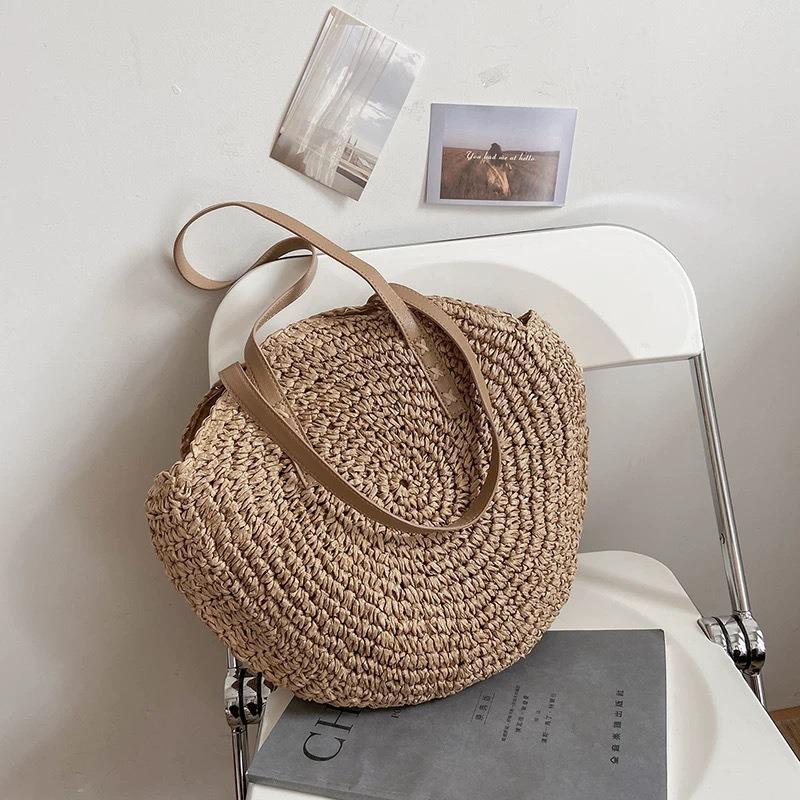 Single Shoulder Round Straw Bag Straw Bag New Hand-woven Bag Women's Large-capacity Casual Women's Bag Vacation Beach Bag