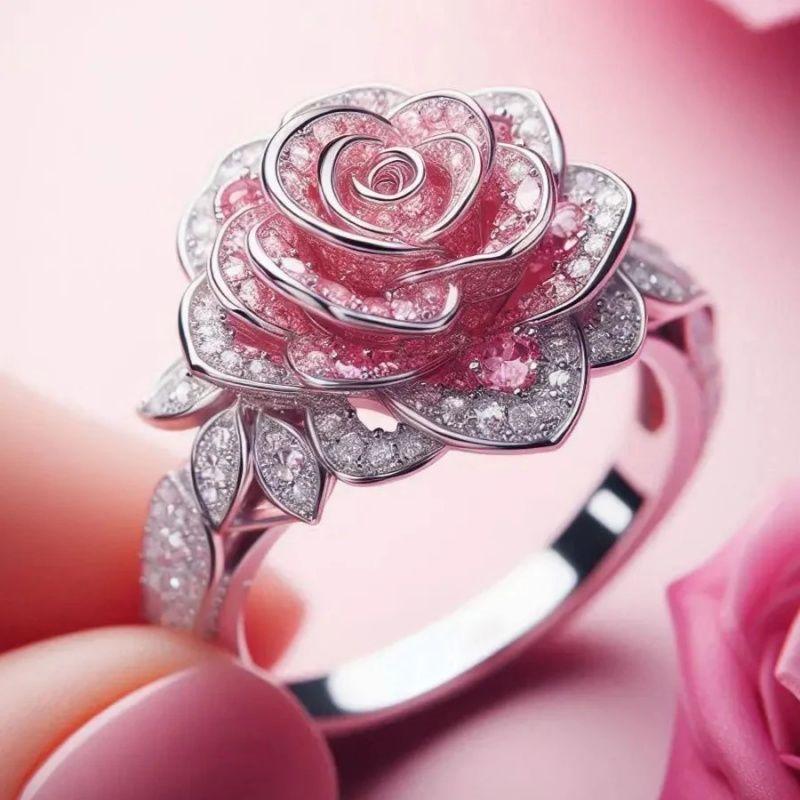 Trendy Flower Shape Rose Gold Color Two Piece Set Inlay Stone Rings For Women Fashion Rings Accessories Custom Jewelry