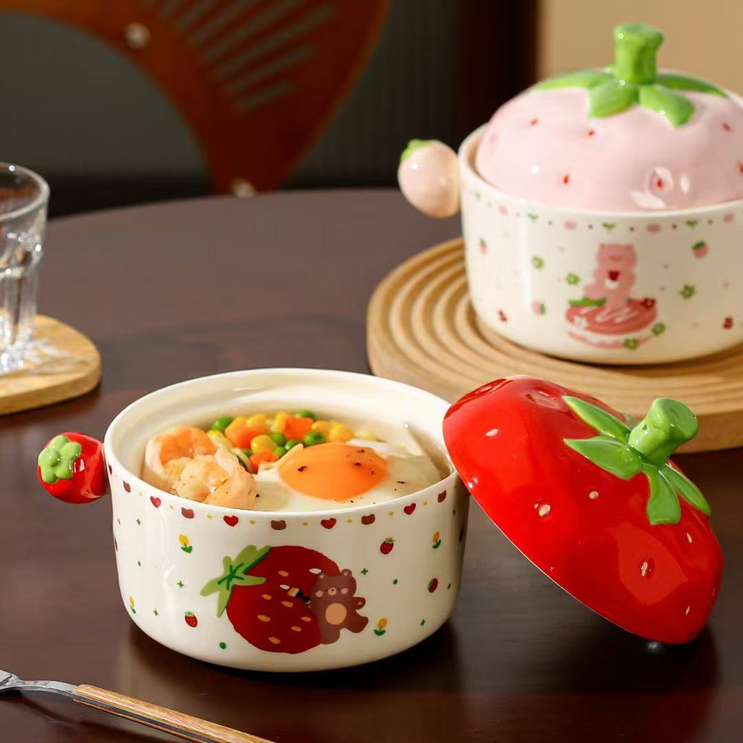 Cartoon Cute Strawberry Bear Dormitory Instant Noodle Bowl Ceramic Milk Huhu Binaural Bowl With Cover High Value Household Anti-Scalding 750ml
