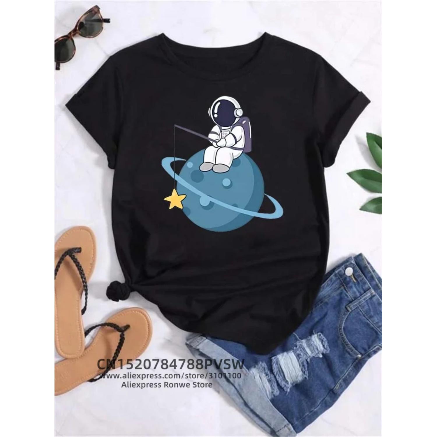 Space Moon Planet Print Fashion Funy Tee Shirts Casual Round Neck Short Sleeve Streetwear Female Clothes Vintage Tops S чёрный
