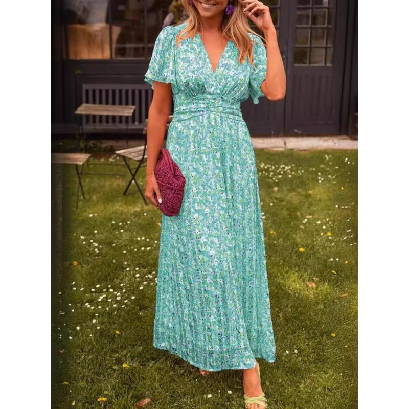 JPNTKY Women's Fashion Summer Spring  Short Sleeve V-Neck Casual Dresses