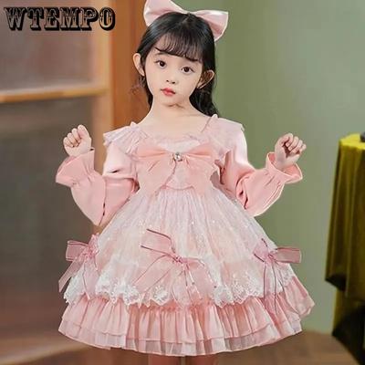 Lolita Girls Princess Dress Spring Autumn Children's Long Sleeve Pink Dress Lace Bow Decoration Sweet A-line Skirt Fairy Set