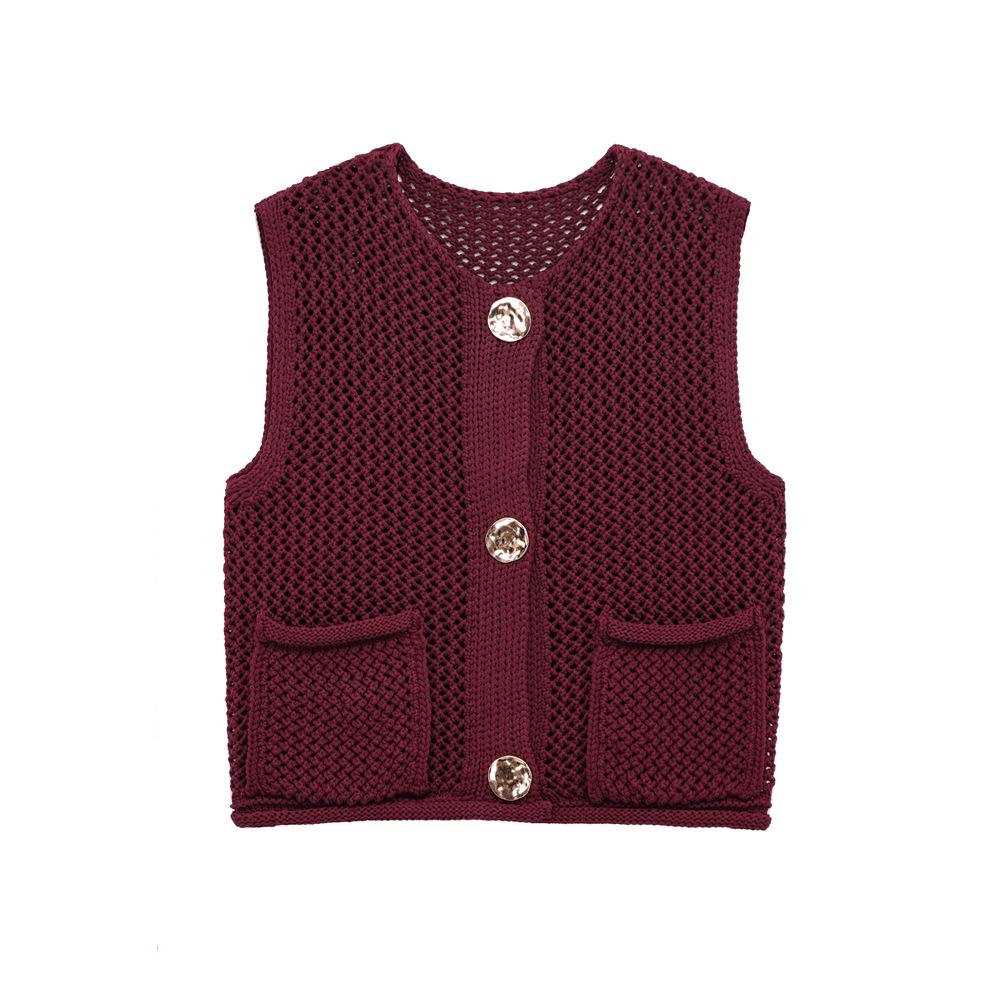 

Женский вязаный жилет без рукавов с круглым вырезом и деталью в виде золотых пуговиц, весна/лето 2025 S вино красного