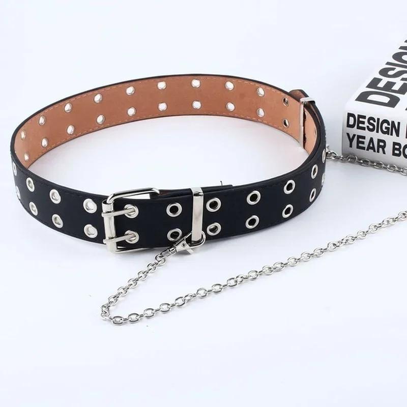 Women Punk Chain Fashion Belt Adjustable Double/Single Row Hole Eyelet Waistband with Eyelet Chain Decorative Belts