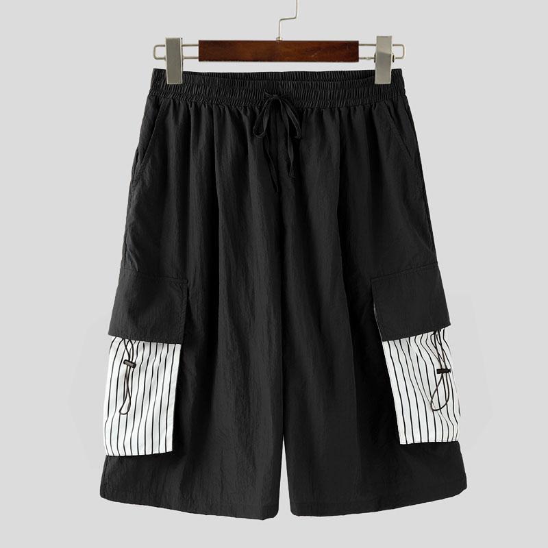 

INCERUN Мужские повседневные капри с полосками, на кулиске, с эластичной талией, широкими штанинами, с карманами