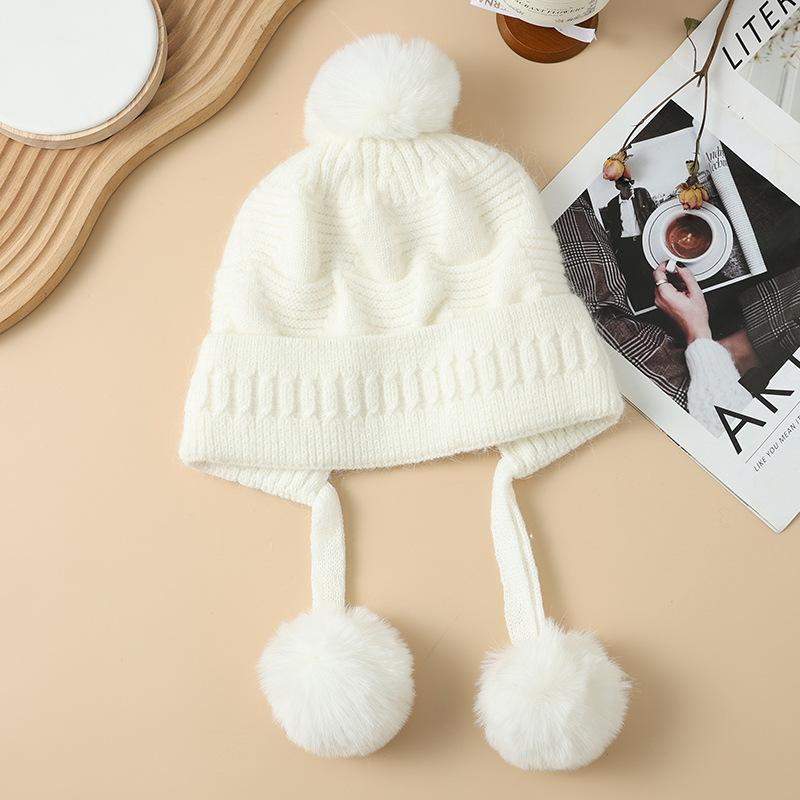 Sweet and Cute Triangle Striped Rabbit Fur Plus Velvet Warm Hat Autumn and Winter Fashion Casual Wool Hat Outdoor Cold Hat Korean
