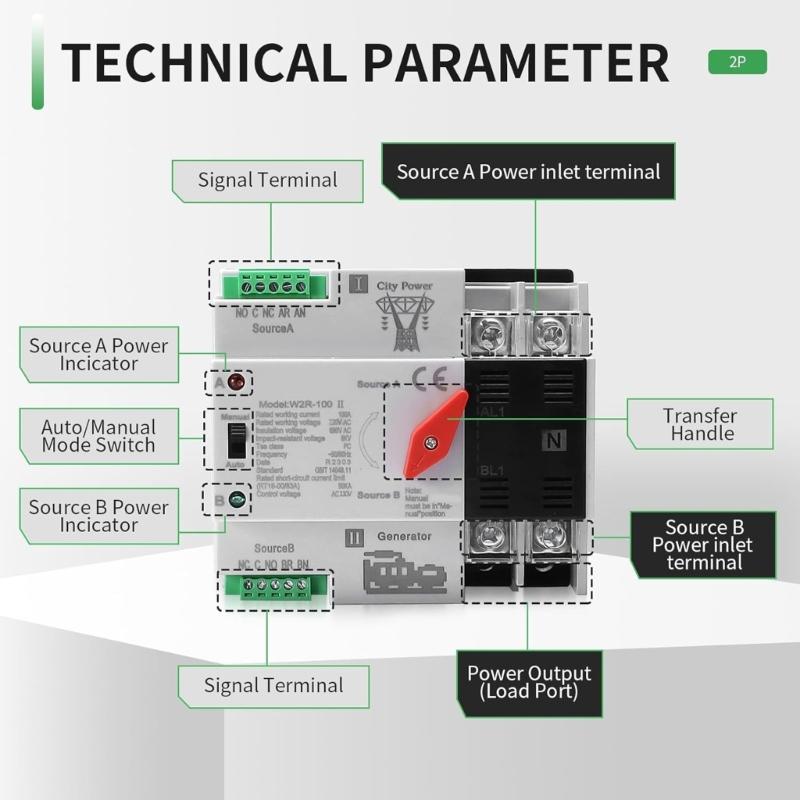 Double Power Automatic Transfer Switches 2P 100A Changeover Switches Din Rail Mounted Controller Easy to Install