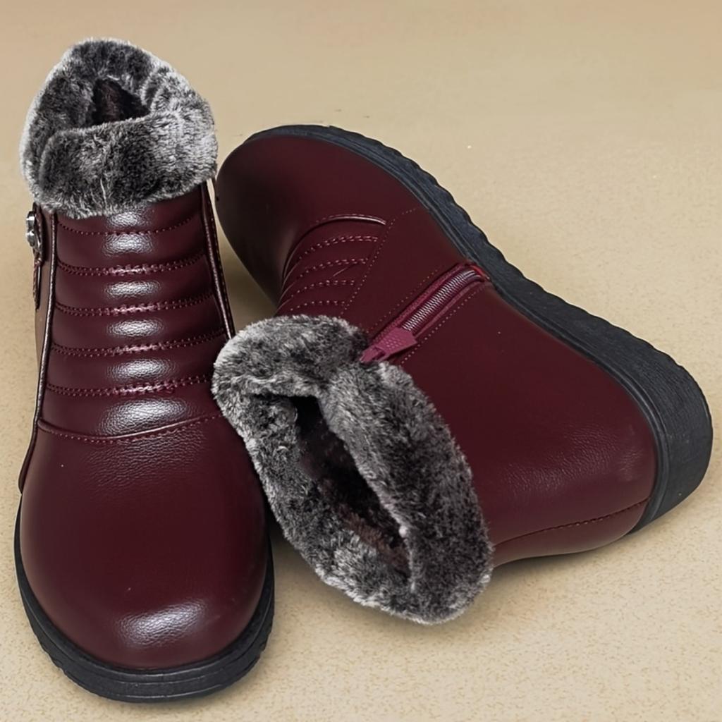 Women's Winter Warm Plush Short Boots, Anti Slip Soft Bottom Side Zipper Design, Red Bow Details, Minimalist Style | Winter Casual Boots