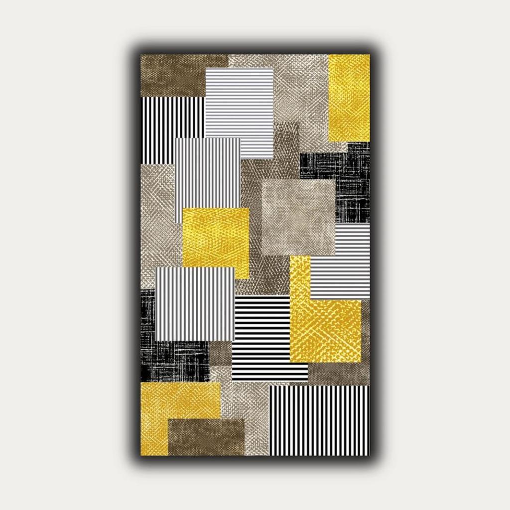 Modern Geometric Patterned, Non-Slip Based Runner Carpet In Yellow and Gray Tones, Washable Hallway Carpet, Authentic Runner