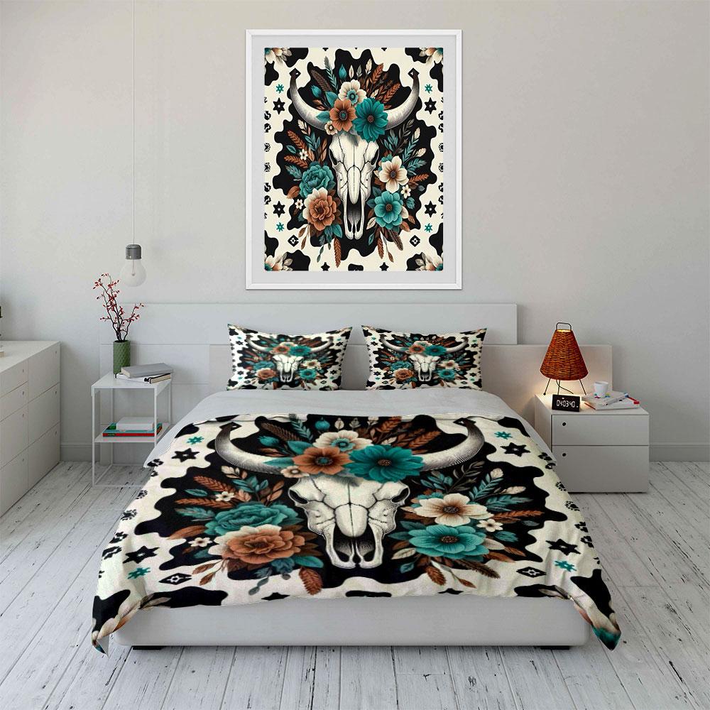 Floral Bull Skull Bedding Set Bedding Duvet Cover Set Duvet Cover Pillowcases (1 * Duvet Cover 2 * Pillowcases, without duvet insert)