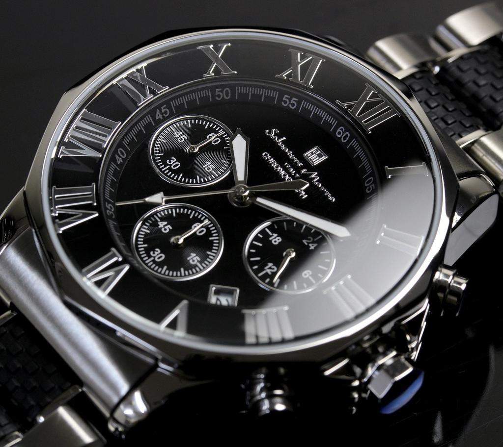 [Salvatore Marra] Relógio de pulso, Cronógrafo, Resistente à água 10 ATM, Negócios, Formal, Marca italiana, Edição limitada, Masculino, SM15104 (Prata x Preto)