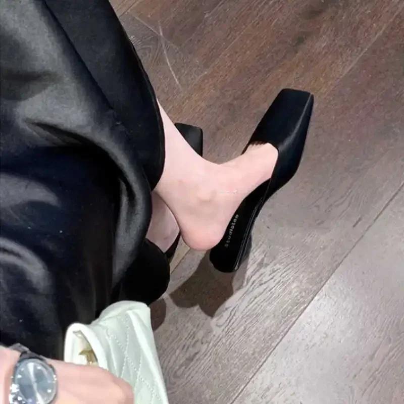 Fashion Luxury Satin Design Mules Shoes for Women Summer Sexy Square Head Strange Low Heel Slide Sandals Elegant Comfort Dress Slippers