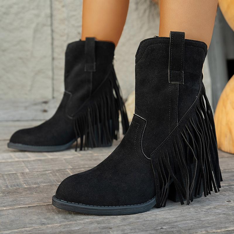 Retro Tassel Suede Western Cowboy Boots Women 2025 Winter Sexy Pointed Toe High Heel Ankle Boots Woman's Designer Short Boties
