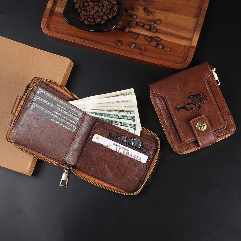 Cross-Border Men's Retro Zipper Wallet, Multi-Card Slots, Large Capacity, Business Card Holder.