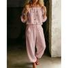 Womens Off Shoulder Long Sleeve Top Drawstring Waist Tapered Pants Two Piece Casual Outfit