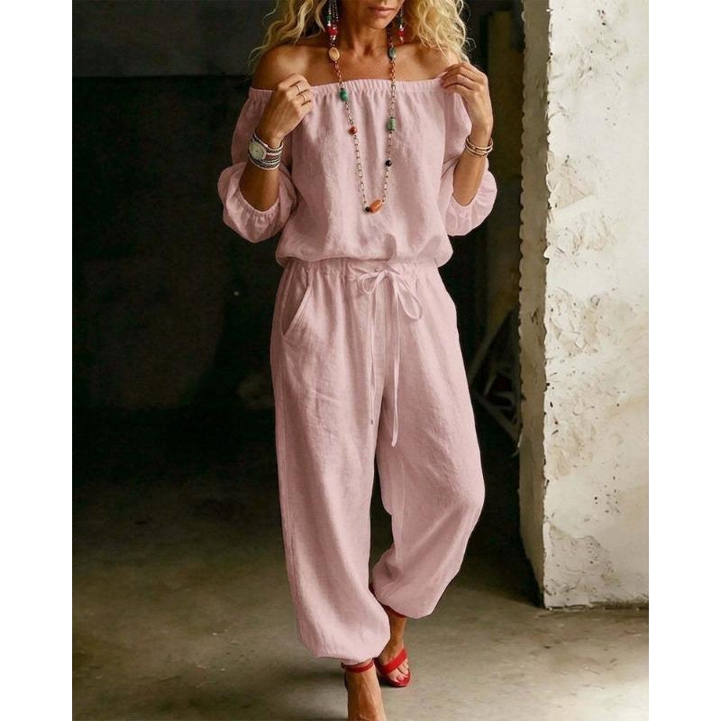 Womens Off Shoulder Long Sleeve Top Drawstring Waist Tapered Pants Two Piece Casual Outfit