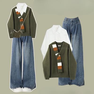 Spring and Autumn Suit Women's Stitching Knitted Sweater + White Shirt + High Waist Jeans Three-piece Suit