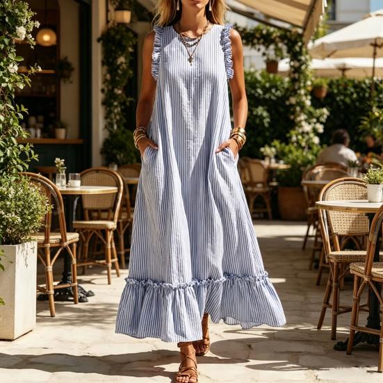 Sommer Gestreiftes Maxikleid für Damen Rundhalsausschnitt Ärmellos Rüschen A-Linie Schwingendes Kleid Strand Freizeit Fließendes Sommerkleid mit Taschen