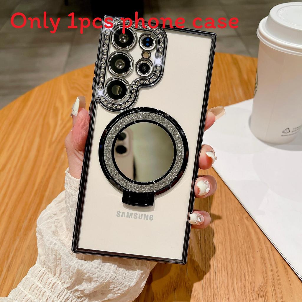 For Samsung S24 Plus Slim Mirror Phone Case With Magnetic Stand And Glitter чёрный