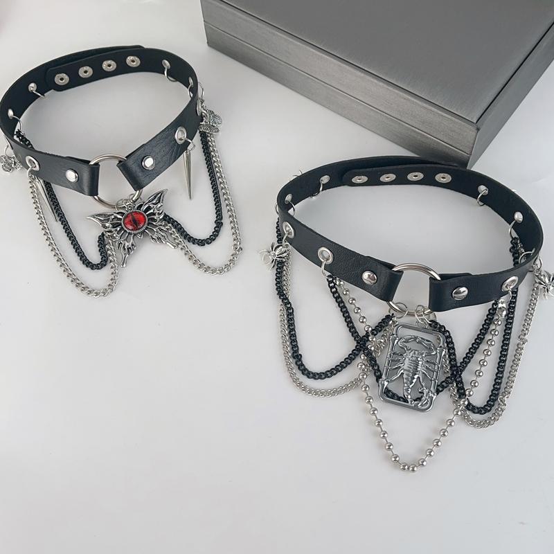 Dark Gothic Punk Metal Spider Pendant Leather Choker Necklace for Women Hip Hop Red Zircon Butterfly Clavicle Chain Jewelry