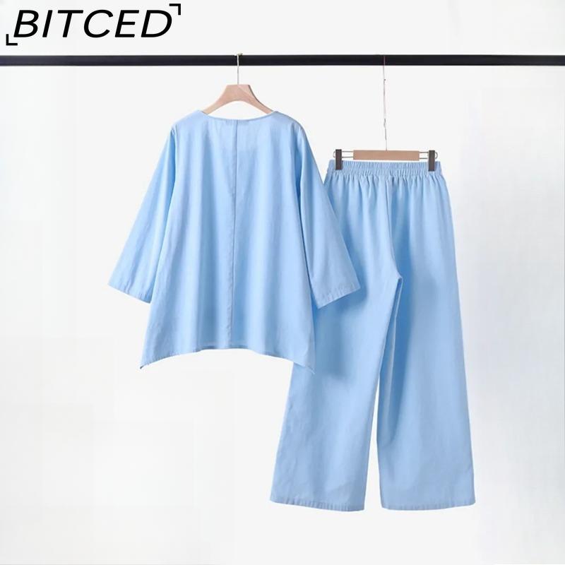 BITCED Women's Solid Vintage Pants Set Cotton Linen Casual Long Sleeve Loose Cotton Set