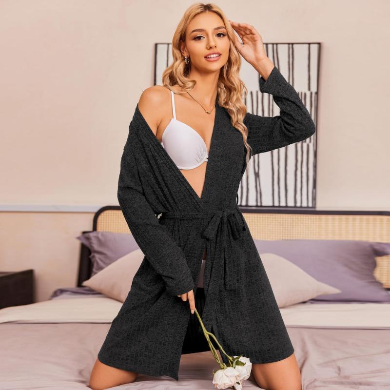 YYFS Dámská móda Jaro Podzim Jednobarevný potisk Neformální šaty s dlouhým rukávem a výstřihem do V s vysokým pasem